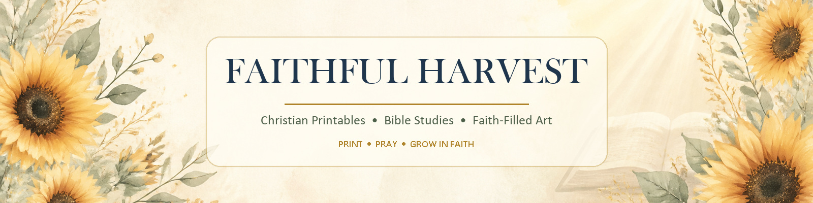 Faithful Harvest Christian printables, Bible studies, and faith-filled art surrounded by watercolor sunflowers and an open Bible